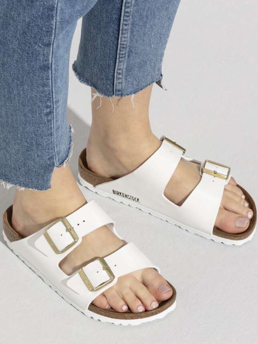 New! Birkenstock Arizona Birko-Flor Patent White Sandals Narrow